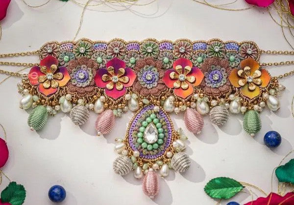 Hand Embroidered Choker Necklace with Floral Enamel Work,Pearls and Beads