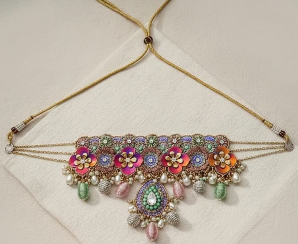 Hand Embroidered Choker Necklace with Floral Enamel Work,Pearls and Beads