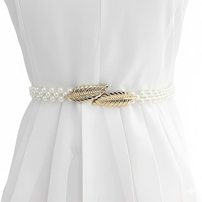 Stretchable Pearl Waist Cahin  with Golden Leaf Buckle.