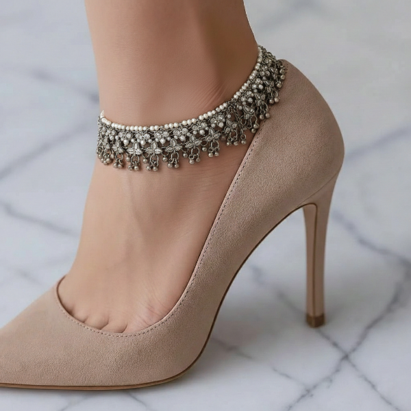 Oxidised Silver Floral Kundan pair of Anklets for Women