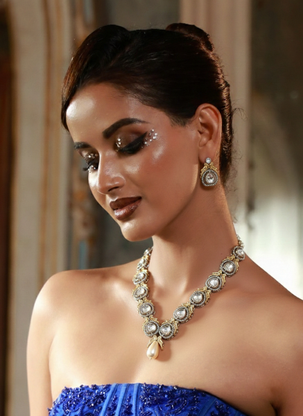 Gold Plated Peacock Studded Black Polki Kundan Necklace Set