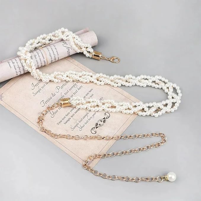 Adjustable Pearl Waist Chain/Kamarband with Golden Braided Buckle Design - Size for Waist 26-36 inch