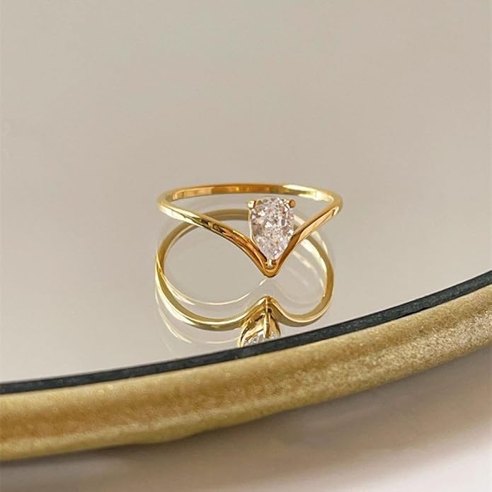 Gold Plated Waterproof Anti-Tarnish V-Shaped Zircon Ring for Women