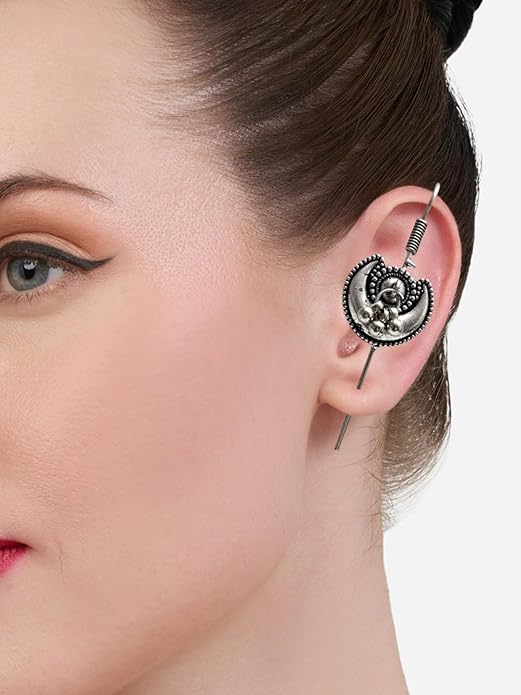 Oxidised Silver Bugadi Ear Cuff Earrings - Chand Sahpe with Ghungroo - for Women & Girls Stylish Latest