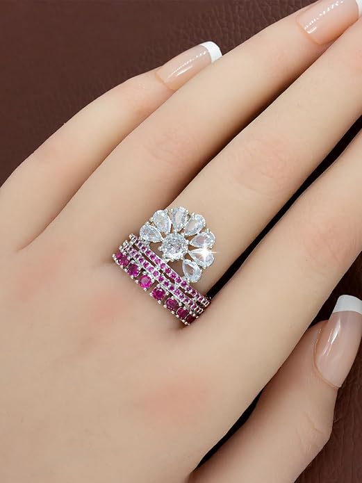 Rhodium Plated Pink American Diamond Ring (Adjustable)