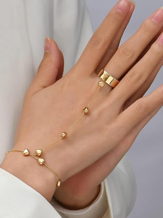Gold Tone Delicate Bracelet with Ring - Hand Thong/Hand Harness - Heart Motif for Women & Girls
