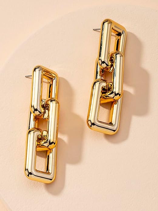 Gold Tone Chunky Square Link Chain Fashion Drop Earrings for Women & Girls