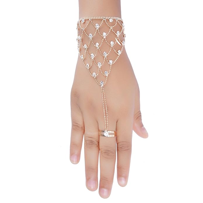 Gold Plated Hand Harness Rhinestone Ring Bracelet for Women and Girls