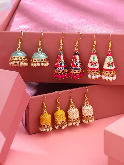 Gold Plated Combo of 5 Pairs of  Meenakari Ethnic Jhumka Earrings for Women and Girls
