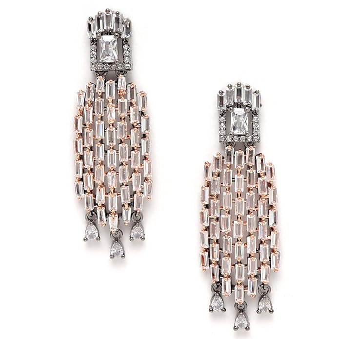 Women's Rhodium Plated Contemporary Drop Dual Tone Designer Earrings