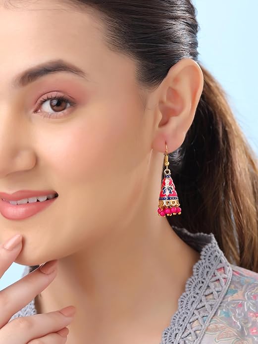 Gold Plated Combo of 5 Pairs of  Meenakari Ethnic Jhumka Earrings for Women and Girls