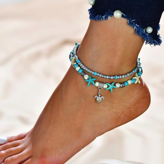 Shell Starfish Beaded Stylish Chain Anklet for Women and Girls
