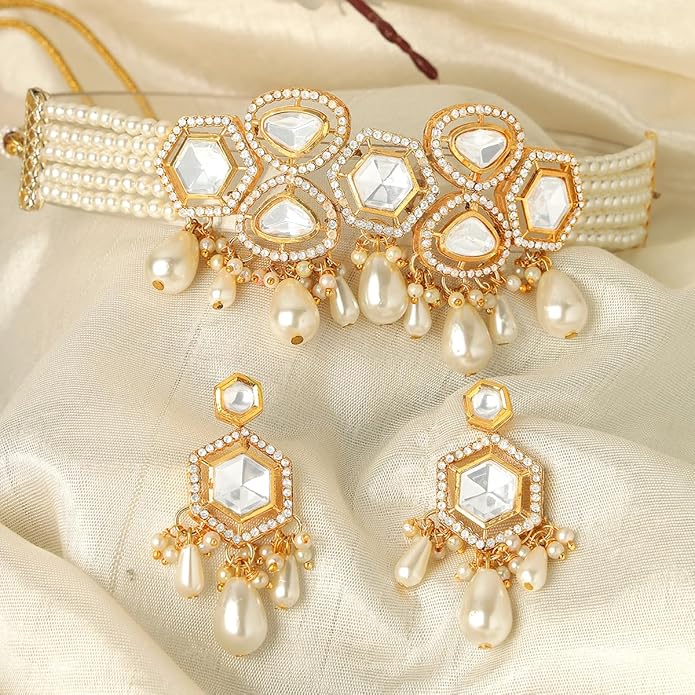 Pearl Beaded Polki Kundan Choker Necklace Set for Women