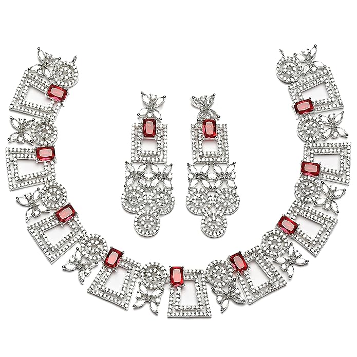 Rhodium-Plated CZ  Studded Necklace With Earrings Jewellery Set