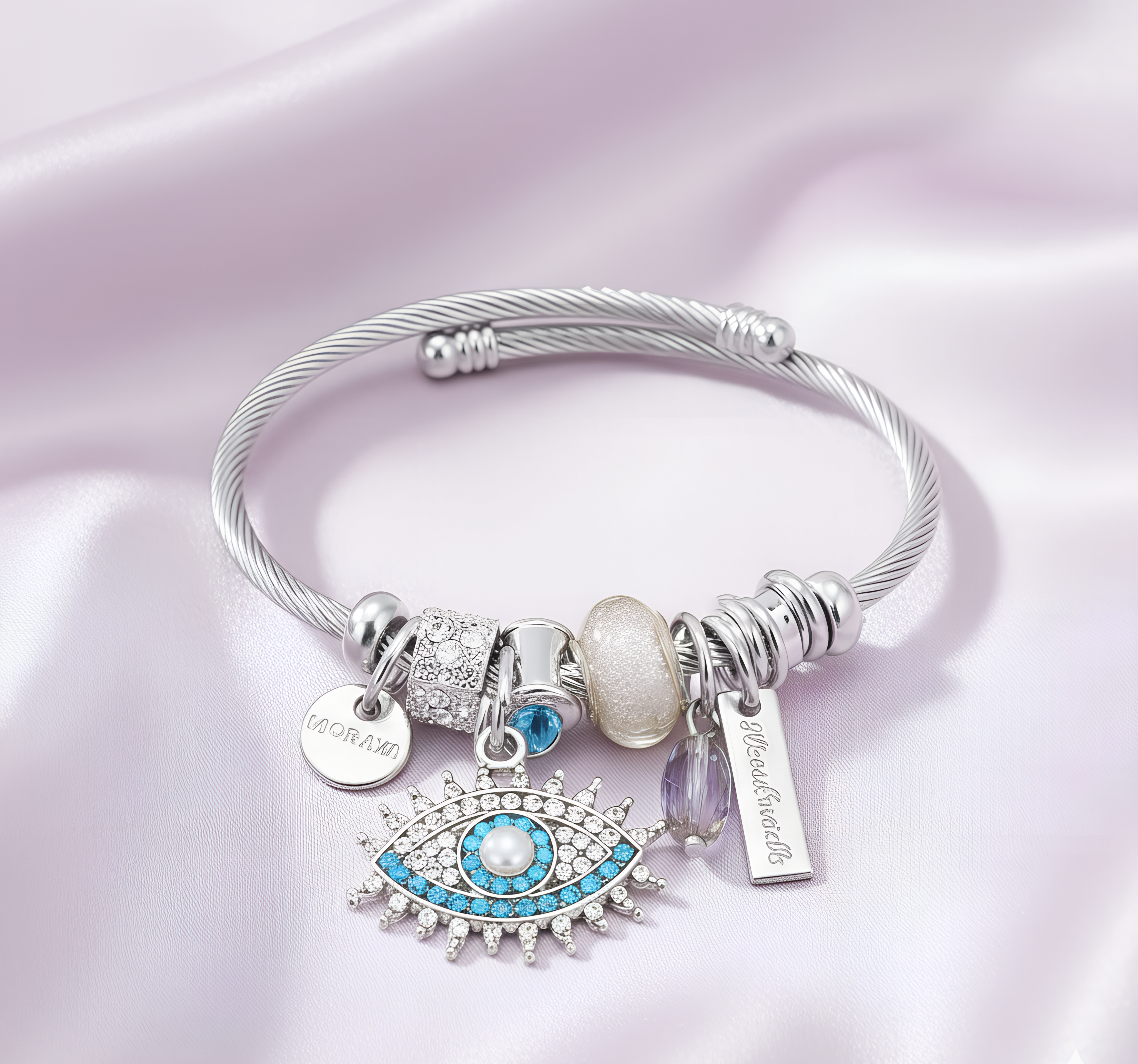 Trendy Silver Metal Evil Eye Charm Adjustable Bracelet /Fashion Jewelry for Everyday