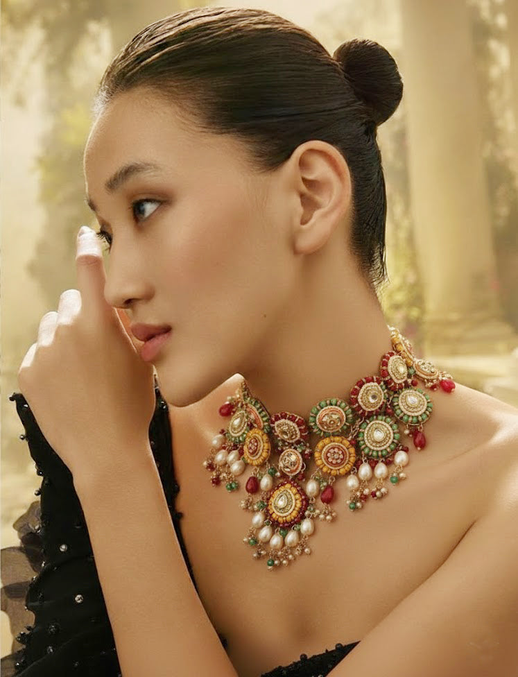 Multi-Color Enameled Kundan Necklace With Pearls And Beads