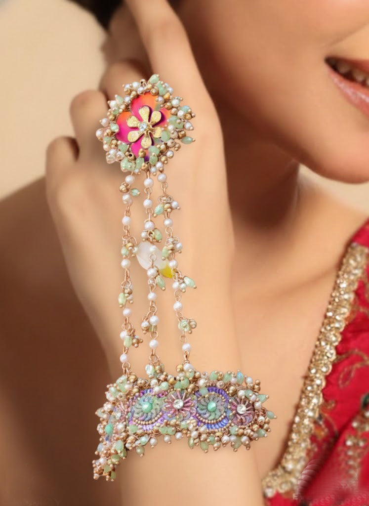 Pearls, Colorful  Beads and Golden Hand Embroidered Handharness