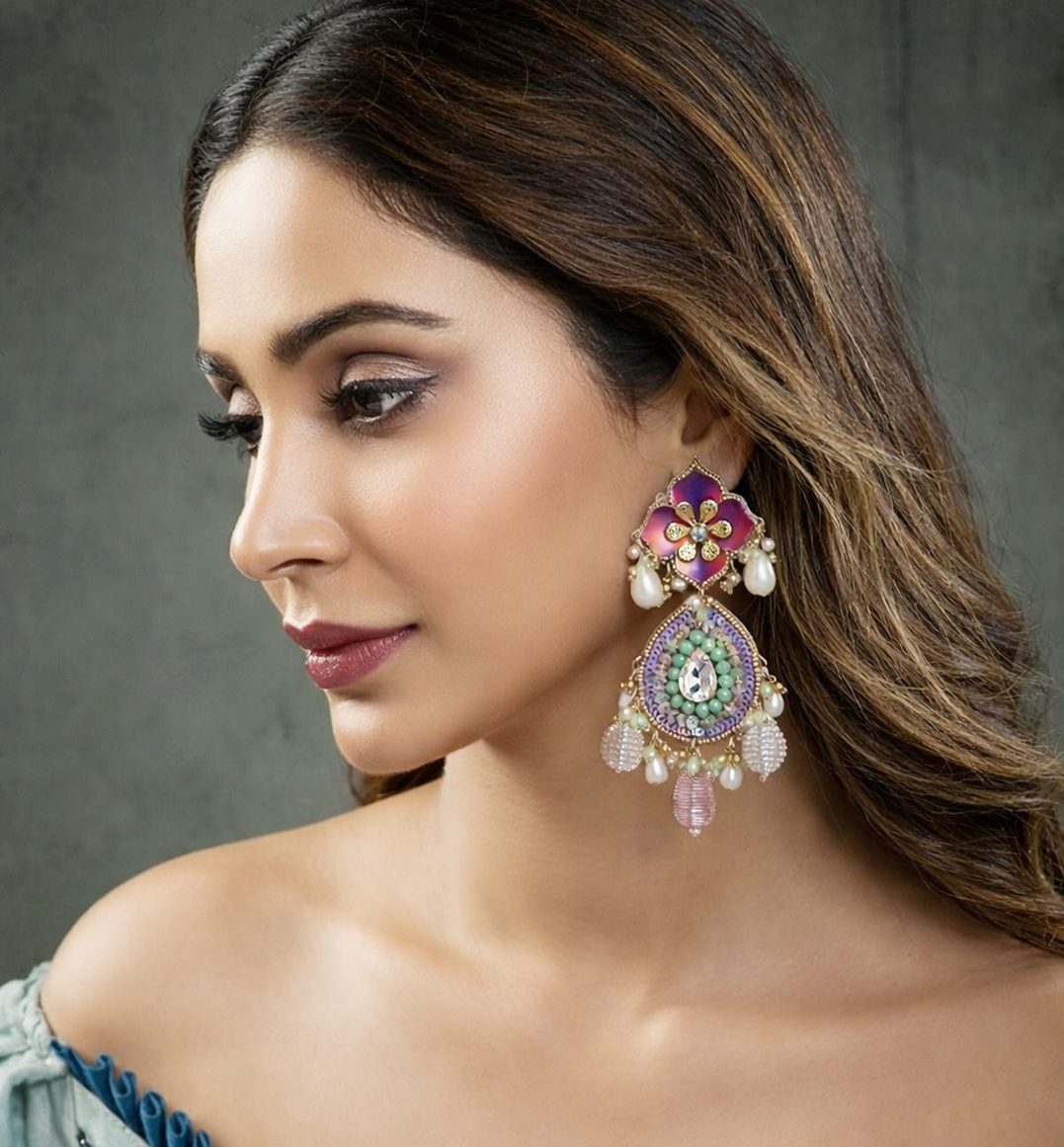 Hand Embroidered Earrings with Floral Enamel Work, Pearls and Beads