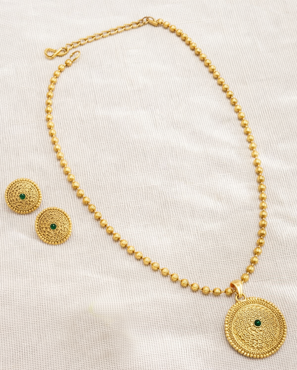 Gold-Plated  Green Stone And Golden Beads Ethnic Jewelry Set