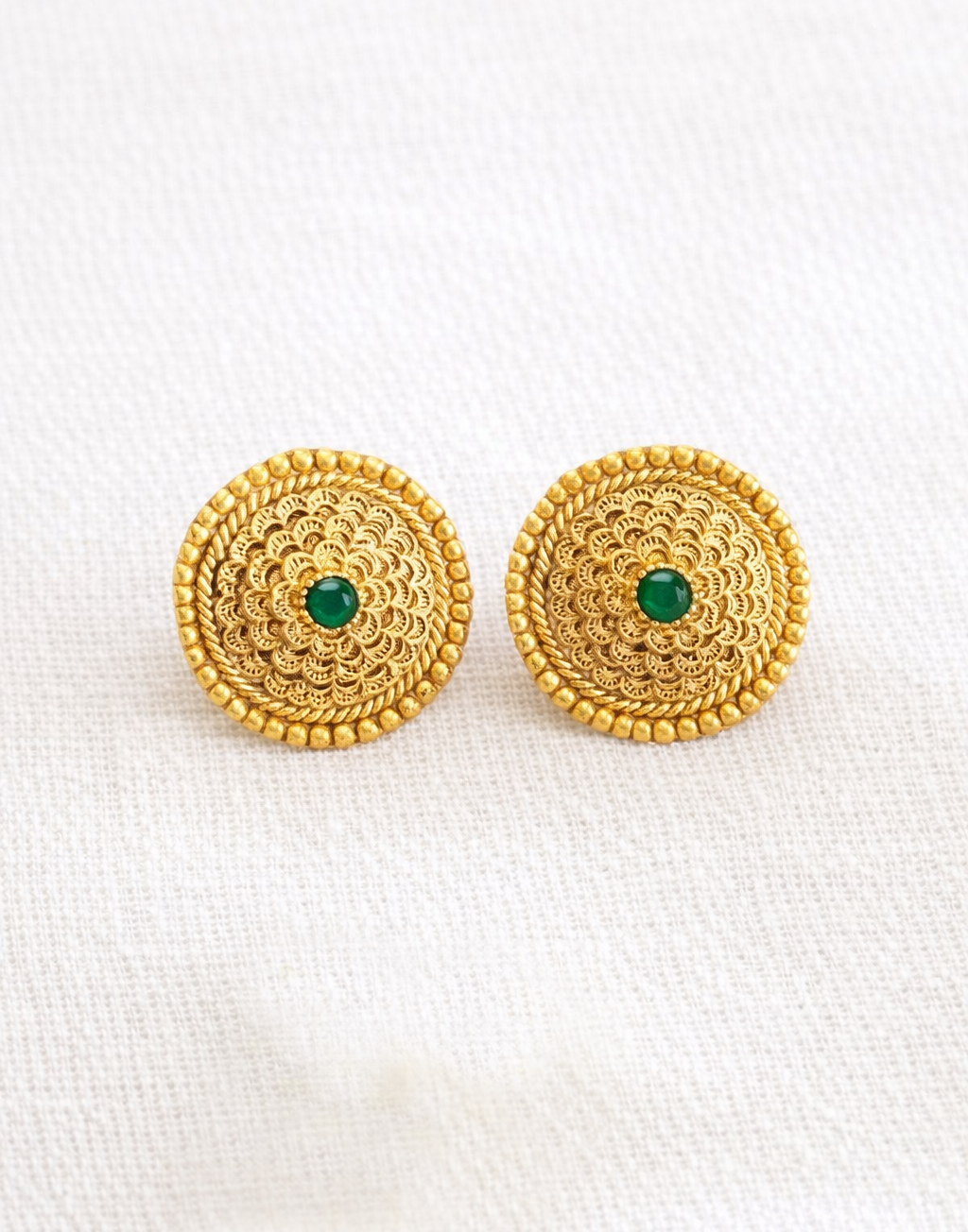Gold-Plated  Green Stone And Golden Beads Ethnic Jewelry Set