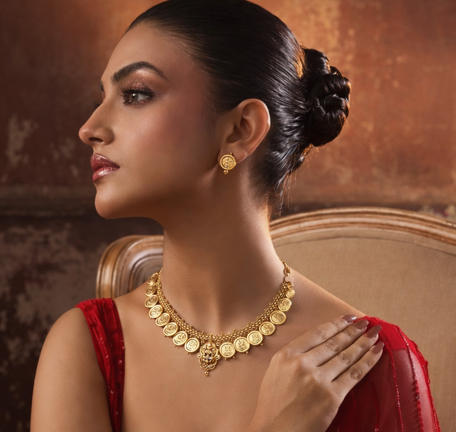 Temple Gold Plated Choker Set with Lakshmi Coin Motif