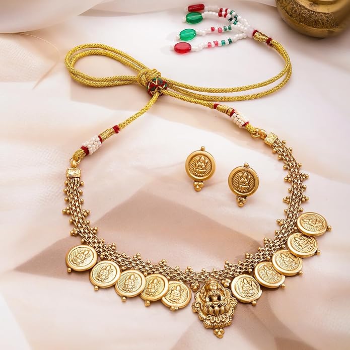 Temple Gold Plated Choker Set with Lakshmi Coin Motif