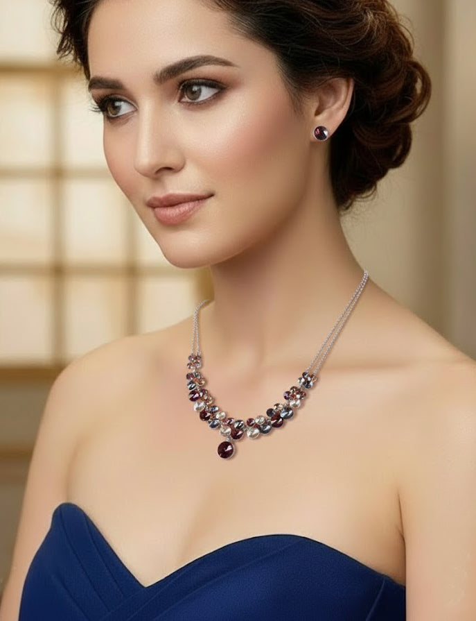 Rhodium Plated Multicolor Beaded Double-Layer Statement Necklace Set