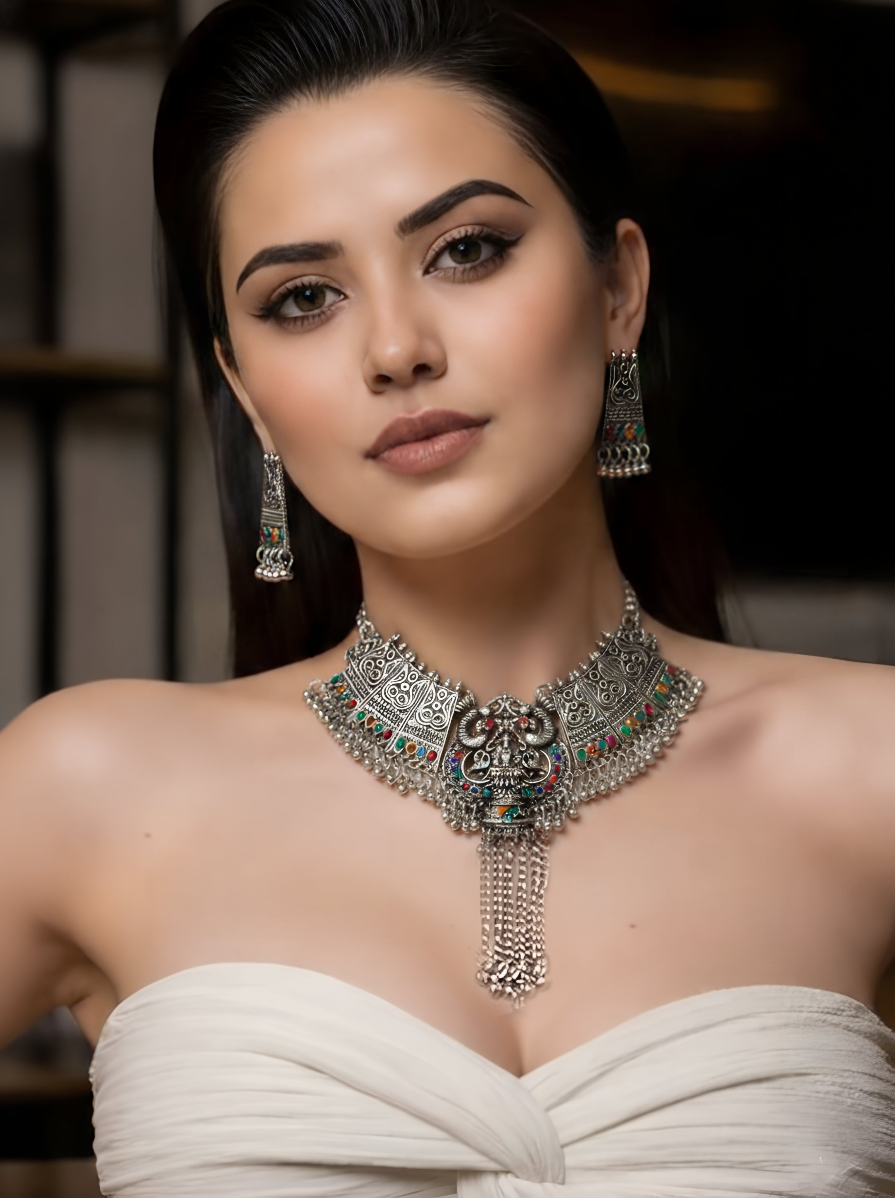 Ethnic Oxidized Silver Necklace Jewelry Set