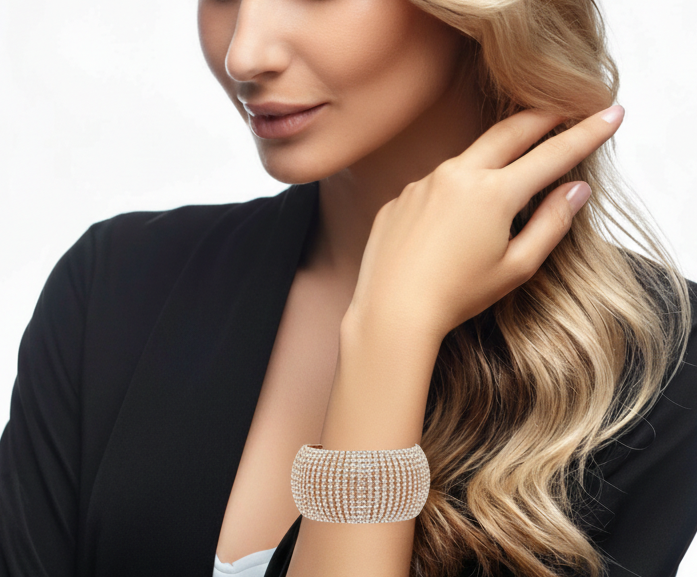 Rose Gold Plated Adjustable Crystal Cuff Bracelet for Women and Girls