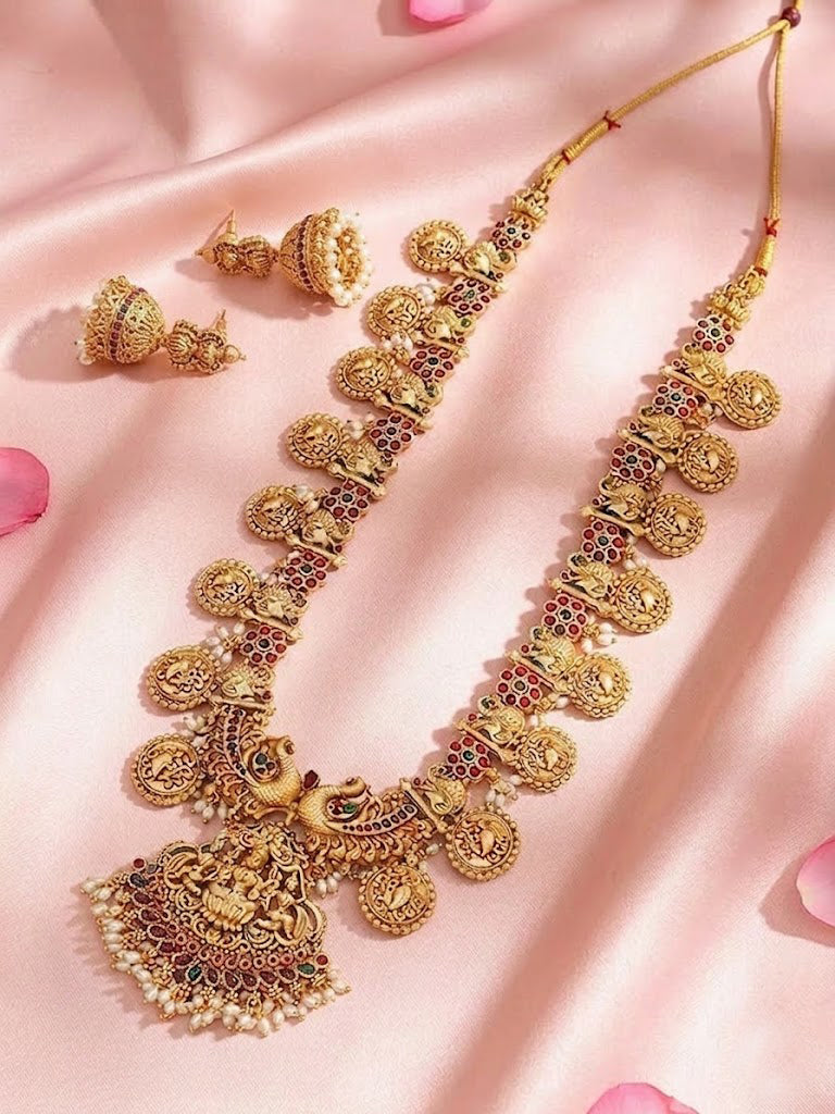 Ethnic Gold Plated Long  Temple Jewelry Set