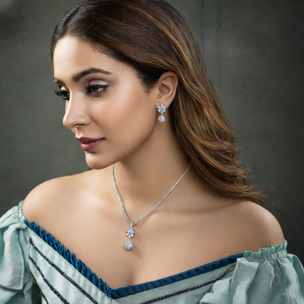 Jewelry Set: Green CZ Floral Pendant with Earrings