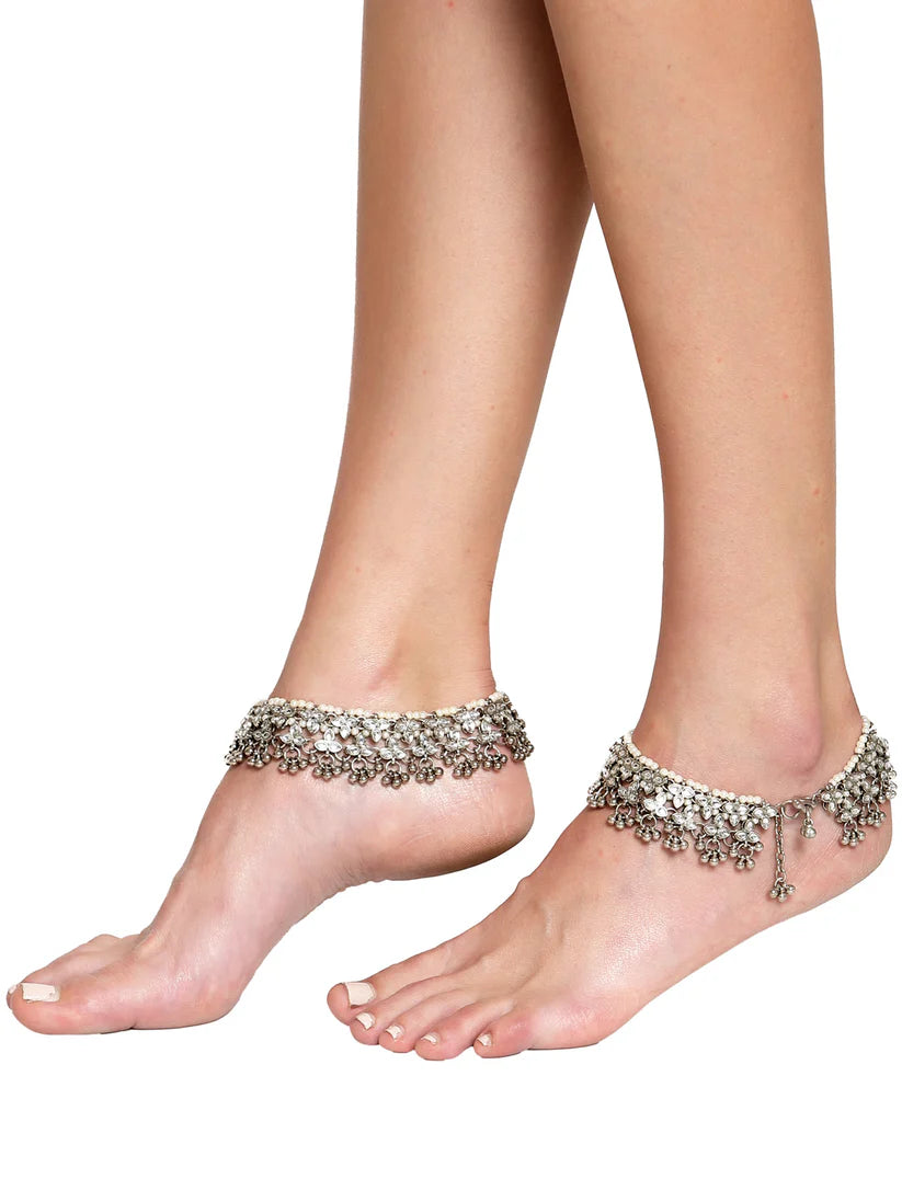 Oxidised Silver Floral Kundan pair of Anklets for Women