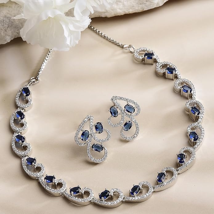 Rhodium-Plated with Silver-Toned White CZ Necklace and Earrings Jewelry Set