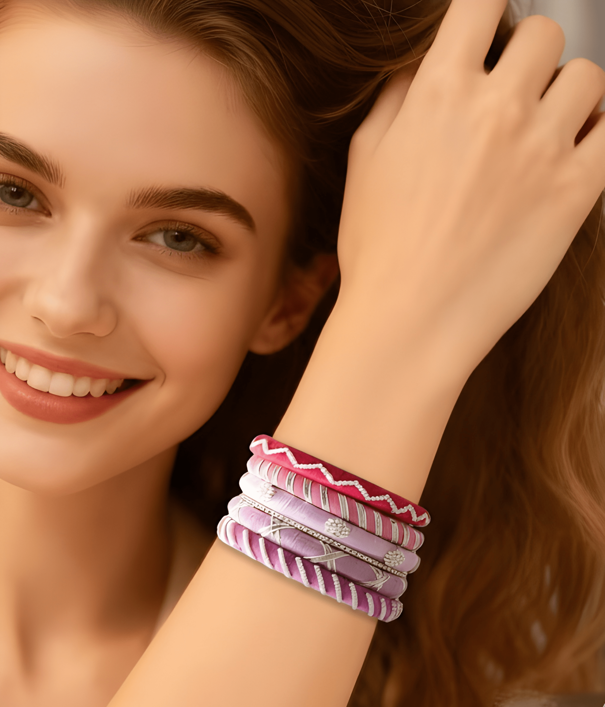 Handmade pastel shaded white beads work  thread bangles, (5 Bangles)