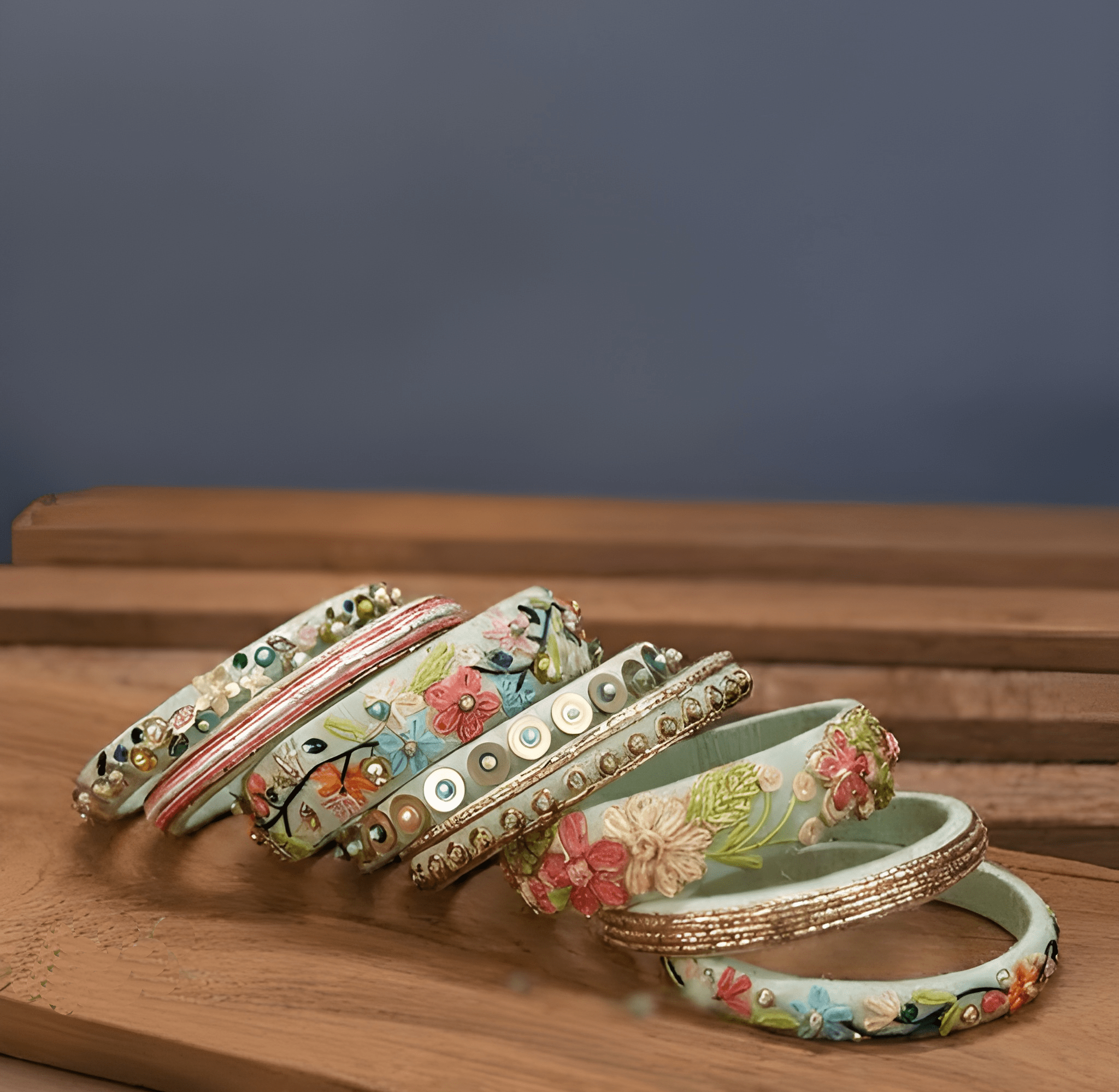 Pastel green beads work handmade bangles  (8 Bangles)