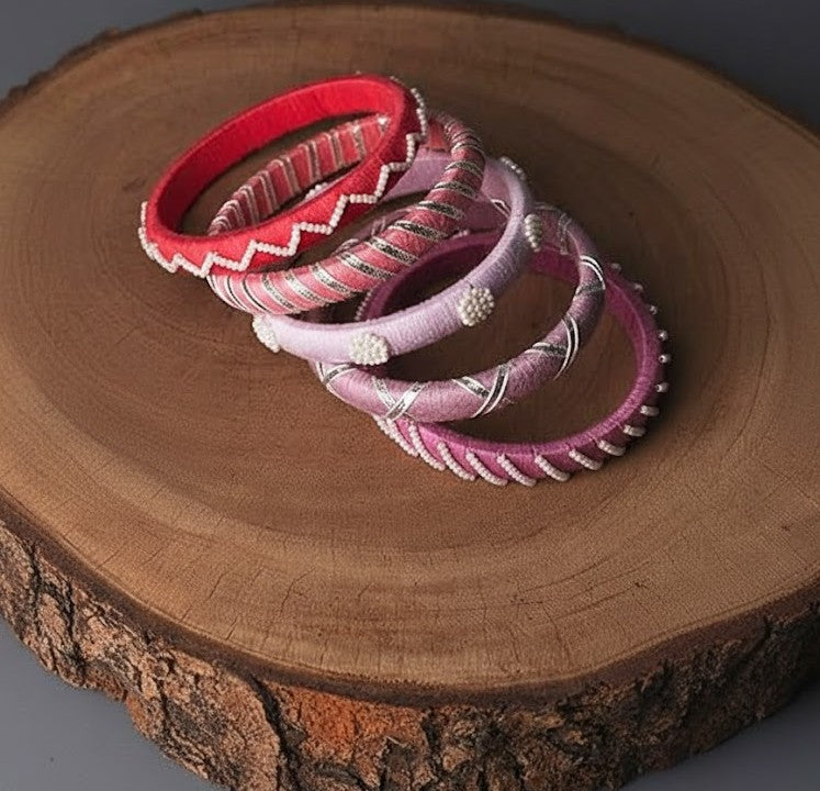 Handmade pastel shaded white beads work  thread bangles, (5 Bangles)