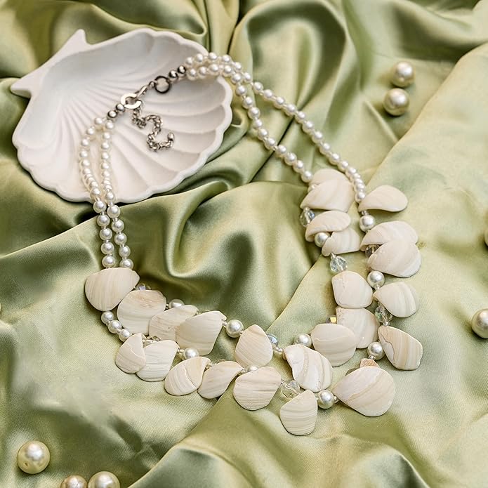 Necklace with Glass Pearls, Double Strand, Ivory White