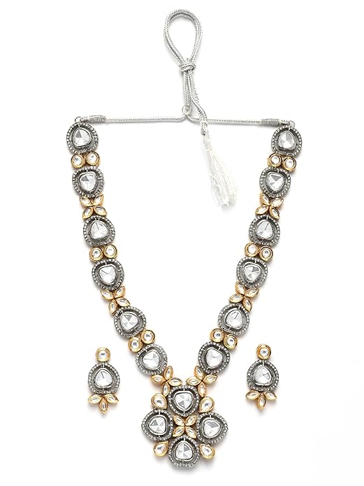 Antique Silver and Gold Plated Polki Kundan  Rani Haar Necklace Set