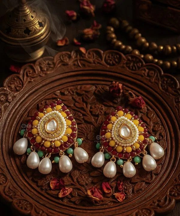 Multi-Color Enameled Kundan Earrings With Pearls And Beads