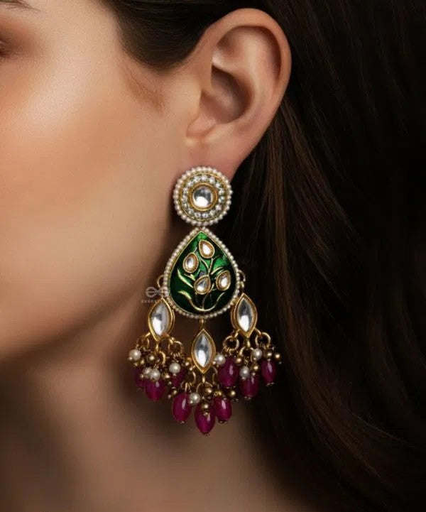 Grand Artistic Enamel Kundan Earrings with Pearls and Beads