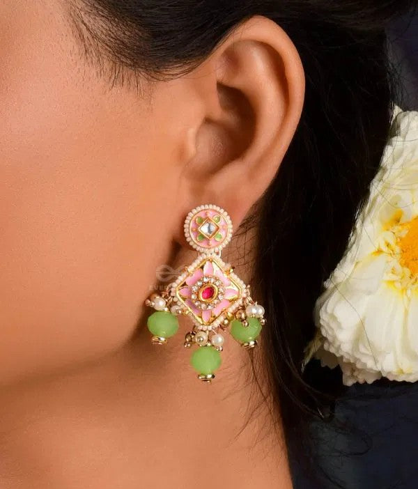Victorian Pink Enamelled Earrings with Kundan, Green Beads and Pearl Drops