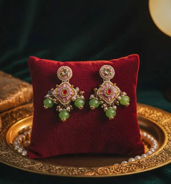 Victorian Pink Enamelled Earrings with Kundan, Green Beads and Pearl Drops