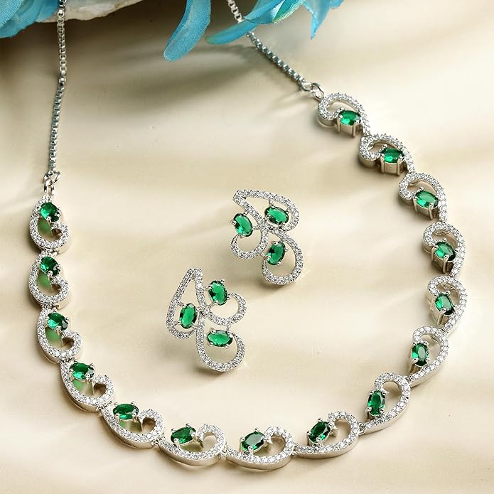 Rhodium-Plated with Silver-Toned White CZ Necklace and Earrings Jewelry Set