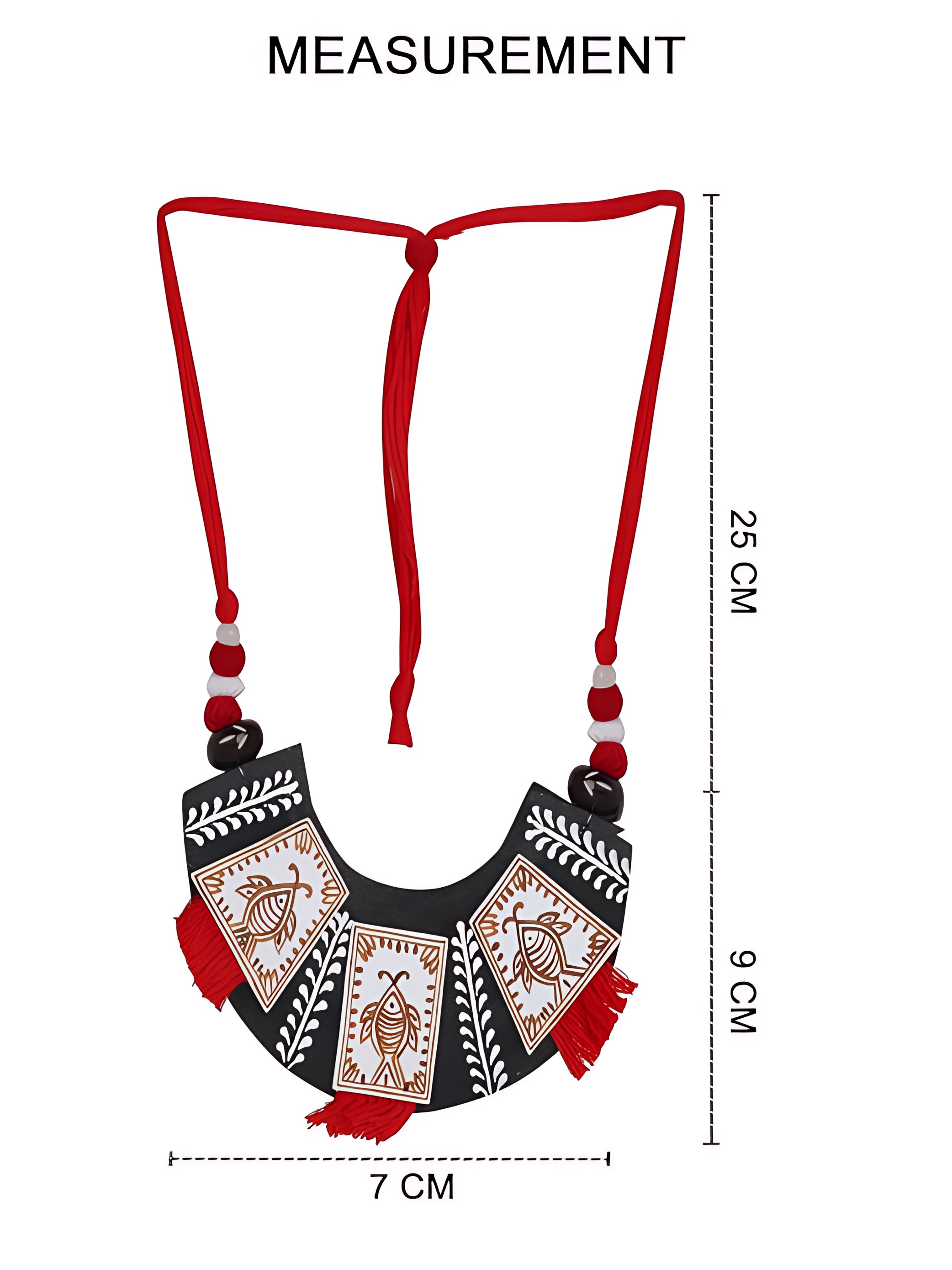 Red and Black Ethnic Boho Necklace with Folk Fish Art/ Indian Handmade Jewelry