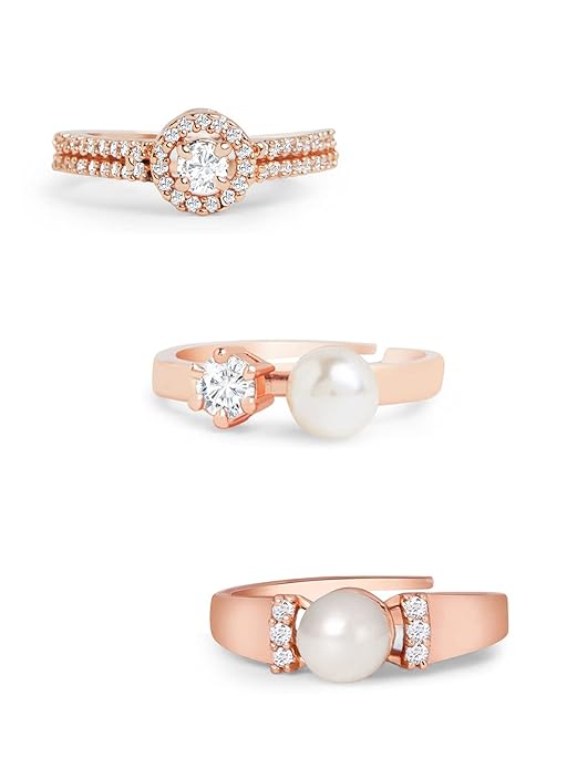 Set of 3 Rose Gold Contemporary Cubic Zirconia  Adjustable Rings