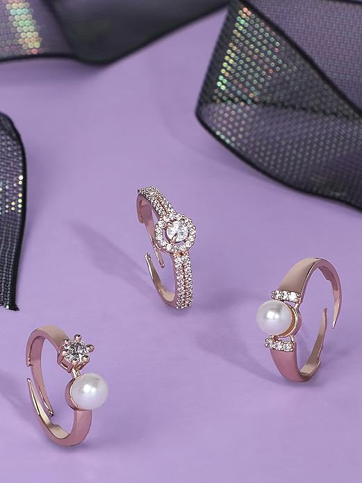 Set of 3 Rose Gold Contemporary Cubic Zirconia  Adjustable Rings