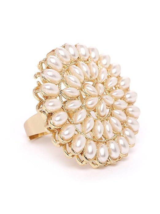 Gold Tone Pearls Flower Ethnic Adjustable Finger Ring
