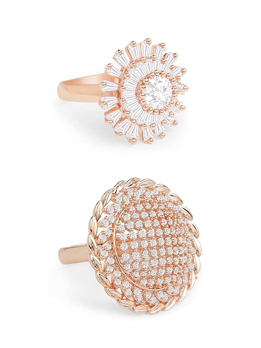 Set of 2 Rose Gold Cubic Zirconia Contemporary Adjustable Finger Rings