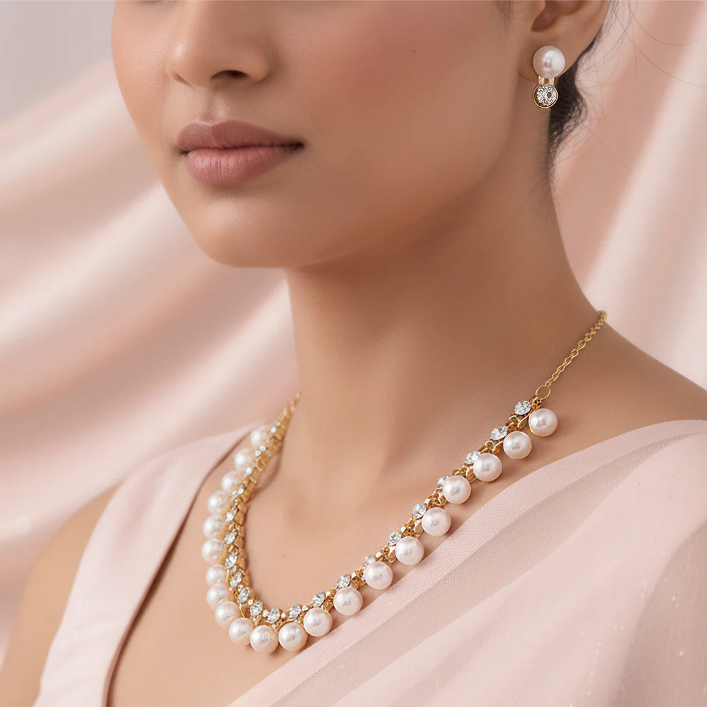 Necklace Anti-Tarnish Pearl & Crystal Studded Statement Set with Earrings