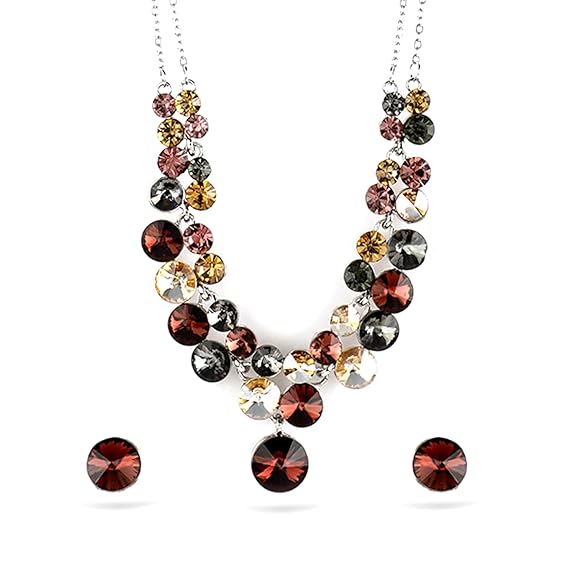 Rhodium Plated Multicolor Beaded Double-Layer Statement Necklace Set